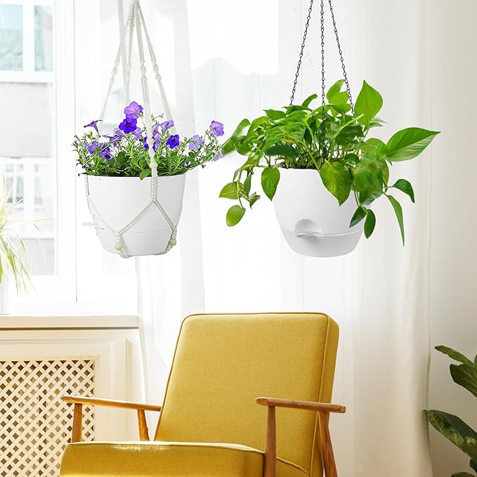 10 inch Self Watering Hanging Planters, 2 Pack Hanging Flower Pots for Indoor Outdoor Plants, Hanging Baskets with Drainage Holes & 2 Kinds of Plant Hangers for Garden Home Decor, White