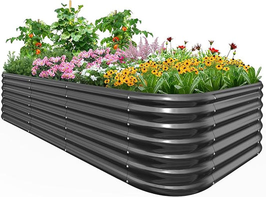 Quictent Galvanized Raised Garden Bed Kit, 8x4x2 ft Oval Metal Planter Box Tall for Vegetables Outdoor Backyard, Rubber Strip Edging Included (Dark Gray)