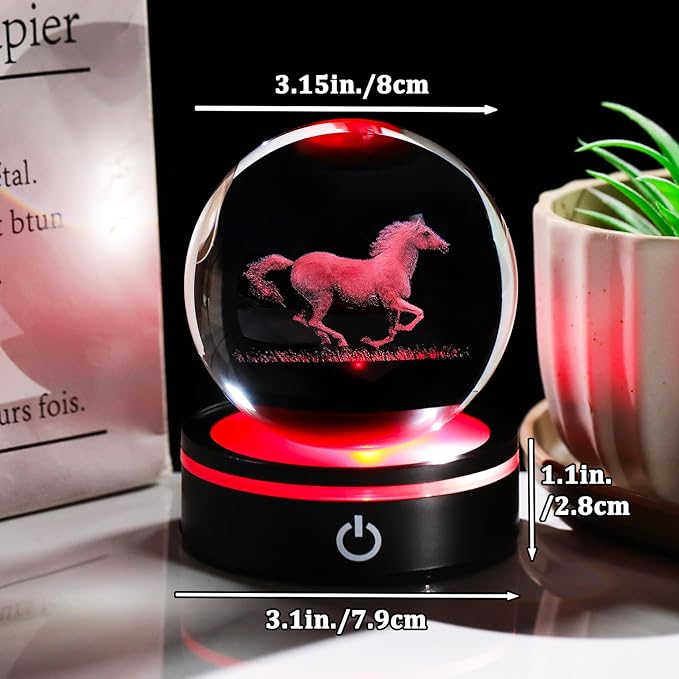YWHL 3D Crystal Ball Horse Figurine with LED Base, Horse Gifts for Men Women Horse Lovers on Christmas Birthday, Horse Statue Glass Sphere Animal Decorative Ball for Home Decor (80mm)