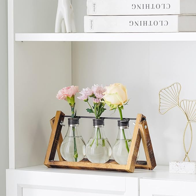 Marbrasse Plant Propagation Stations with Wooden Stand, Desktop Plant Terrarium Holder Bulb Vase, Glass Vase Container with Metal Swivel Holder for Hydroponics of Home Garden Office Decor Lover Gifts