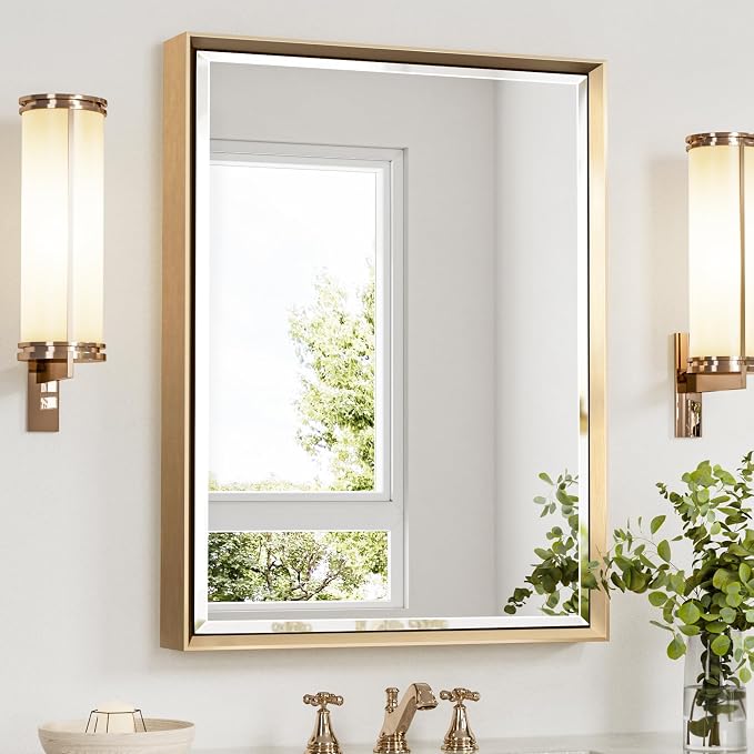 Gold Bathroom Mirror, 24x32 Brushed Gold Bathroom Mirror Beveled Edge, by QUEENFUN