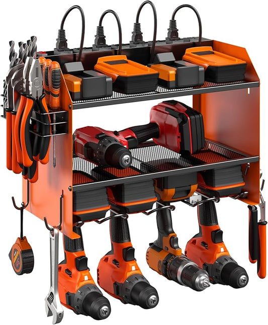 CCCEI Set Power Tool Organizer Wall Mount with Charging Station. Garage 4 Drill Storage Shelf with Hooks, Heavy Duty Metal Tool Battery Charger Organizer. Shop Utility Rack with Power Strip Orange.