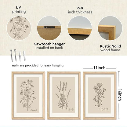 YWJKWLGS Vintage Botanical Wall Art 11x16 Inch Set of 3 Wooded Framed - Image 2