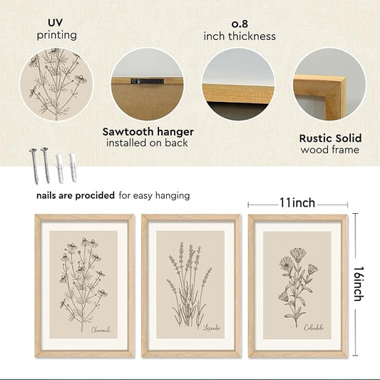 YWJKWLGS Vintage Botanical Wall Art 11x16 Inch Set of 3 Wooded Framed - Image 2