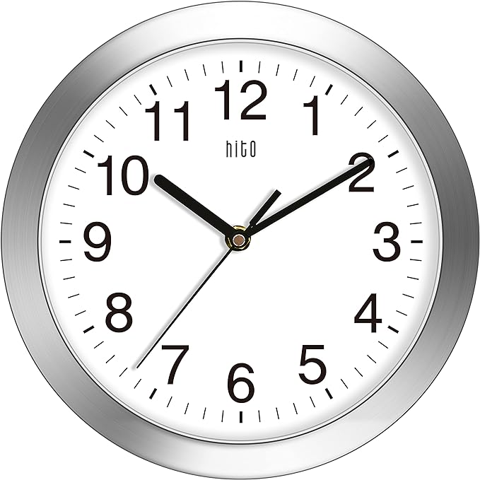 HITO 10 Inch Silent Wall Clock Battery Operated Non Ticking Glass Cover Silver by hito