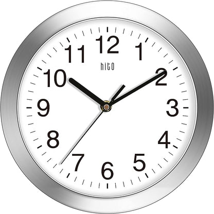 HITO 10 Inch Silent Wall Clock Battery Operated Non Ticking Glass Cover Silver by hito