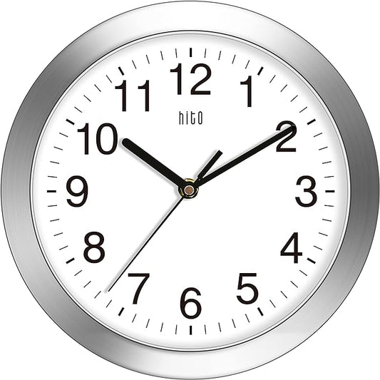HITO 10 Inch Silent Wall Clock Battery Operated Non Ticking Glass Cover Silver by hito