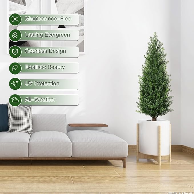 3FT Artificial Cedar Topiary Trees with Ground Spike, Set of 2 UV Resistant Fake Evergreen Bushes Shrubs Trees Artificial Plants Realistic Faux Cypress Plants for Indoor Outdoor Front Porch Garden