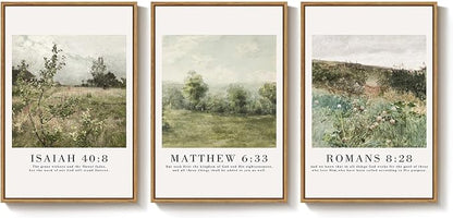 Framed Vintage Christian Wall Art Set of 3, Rustic Wildflower Landscape Bible - Image 9