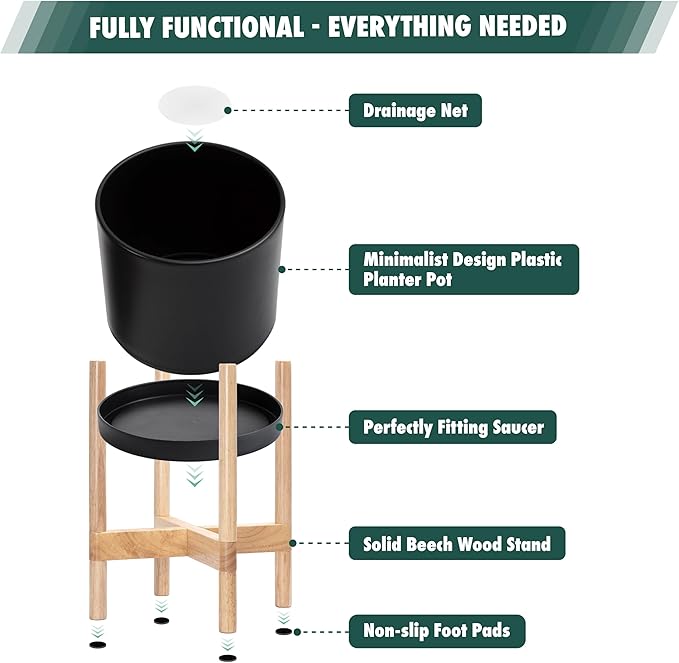 D'vine Dev Planter Pot with Stand - 8 Inch Plastic Cylinder Flower Pot with Wood Planter Holder for Indoor, Matte Black Pot + Natural Stand, 55-C-J-2