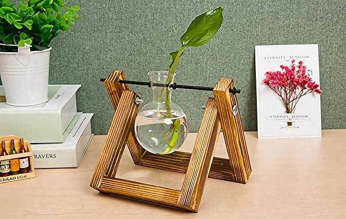 Kingbuy Plant Propagation Station Air Plant Terrarium Bulb Vase with Wooden Swivel Holder Desktop Glass Planter for Indoor Water Plants Home Office Tabletop Decor - 1 Bulb Vase