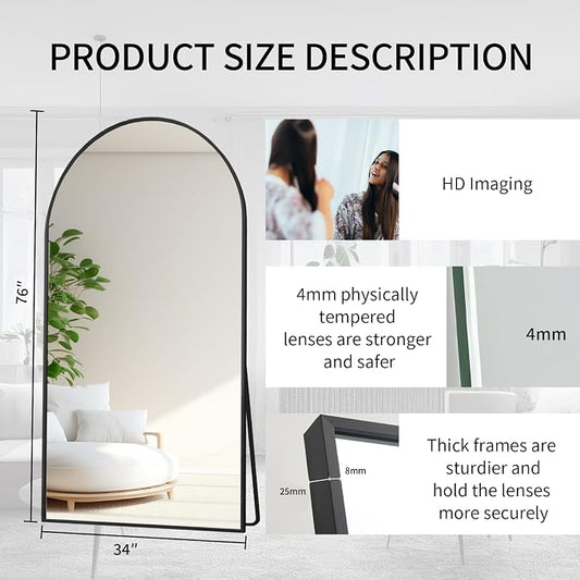 Beauty4U Arched Full Length Mirror 76" x 34", Floor Standing & Wall Mounted HD - Image 2