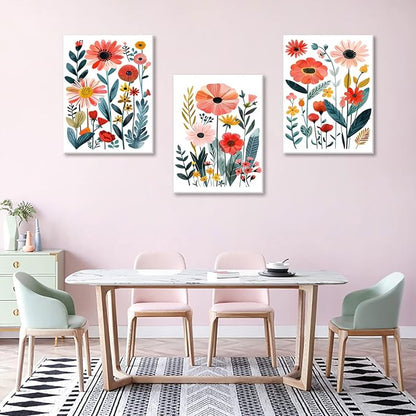 KISSFOX Framed Colorful Wildflower Canvas Wall Art Set Of 3 Flowers Pictures - Image 3
