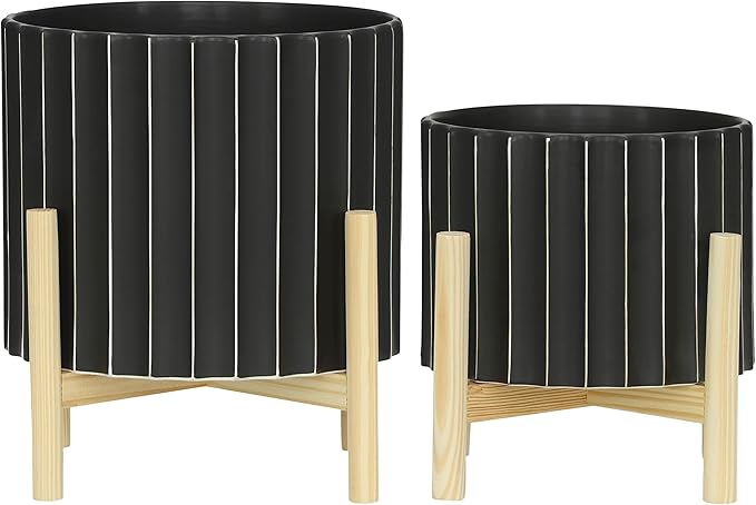 Sagebrook Home 8" Ceramic Planter - Black Planter Elevated on Wooden Stand with Fluted Design - for Indoor or Outdoor Plants, Great Gift Idea for Plant Lovers