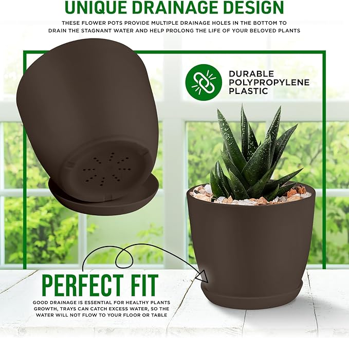 Planter Pots with Drainage Holes - Lightweight, Durable & Space-Saving Pots for Indoor and Outdoor - Versatile Functionality, Simple Modern Design, Set of 20 Plastic Planter Pots - Brown