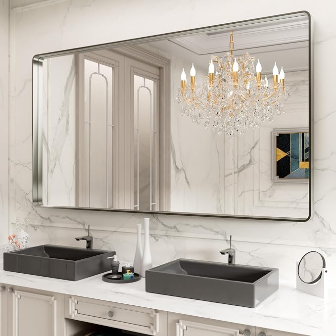 LOAAO 72X40 Inch Brushed Nickel Bathroom Mirror, Rounded Rectangle Silver Metal - Image 8
