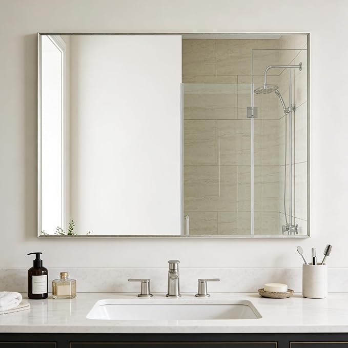 Bathroom Mirror for Wall, 30x40 Inch Metal Framed Mirror, Brushed Nickel by Ruomeng