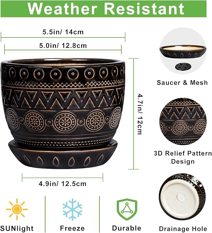 G EPGardening 5.5 Inch Ceramic Planter - Ceramic Plant Pot for Indoor Outdoor Plants, Boho Round Flower Pot with Drainage Hole and Saucer, Gifts for Plant Lovers, Office Garden Home Decor, Black
