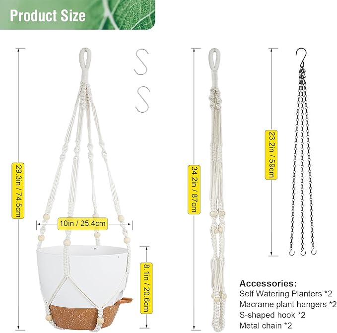 Self Watering Hanging Planters 10 inch, 2 Pack Hanging Baskets for Indoor Outdoor Plants, Hanging Flower Pots with Drainage Holes & 2 Kinds of Plant Hangers for Garden Home Décor, White Brown
