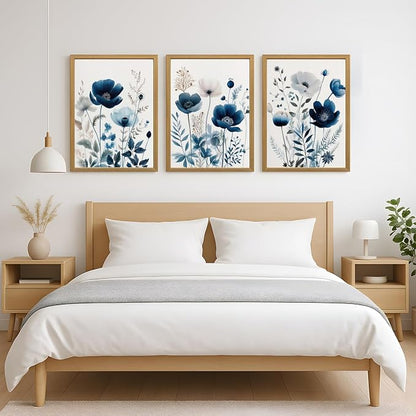 LLEEMPI Navy Blue Floral Wall Art Set of 3, Modern Wildflower Wall Decor - Image 5