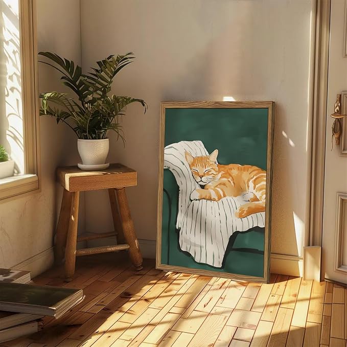 Funny Cat Wall Art Cute Cat Sleeping on Couch Wall Decor Painting Orange Pet - Image 6