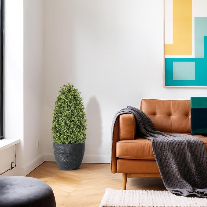 3ft Artificial Boxwood Topiary Trees (Set of 2) - UV Resistant Faux Plants for Outdoor/Indoor, Realistic 36in Fake Bushes and Shrubs for Front Porch, Planter, Patio - Low Maintenance & Evergreen