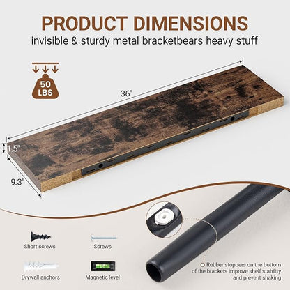 Floating Shelves for Wall 36 Inches Long, 9.3" Deep Rustic Brown Floating Shelf - Image 3