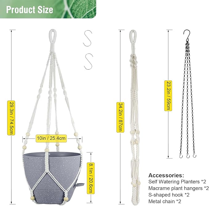 Self Watering Hanging Planters 10 inch, 2 Pack Hanging Flower Pots for Indoor Outdoor Plants, Hanging Baskets with Drainage Holes & 2 Kinds of Plant Hangers for Garden Decor, Speckled Grey