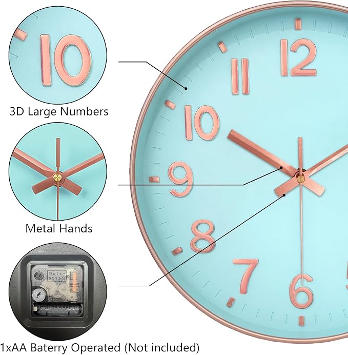 Wall Clock, 8 Inch Wall Clocks Battery Operated, Round Modern Non Ticking - Image 6