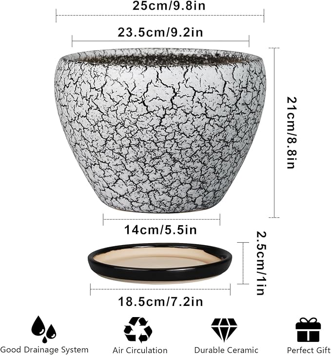 Ceramic Planters for Indoor Plants - 10 Inch Plant Pot with Drainage Hole and Saucer, Large Flower Pot for Home Decor, White/Black