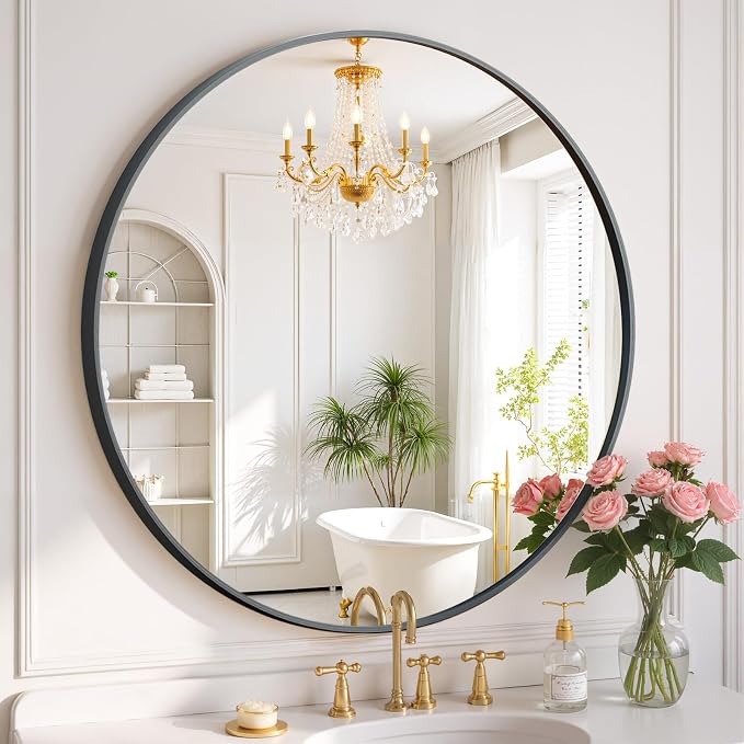 Round Wall Mirror 20 Inch Black Vanity Mirror by SageNest