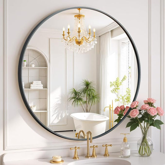 Round Wall Mirror 30 Inch Black Vanity Mirror by SageNest