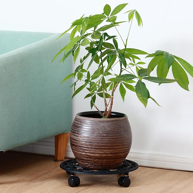 2 Packs Rolling Plant Stand with Wheels Metal Plant Caddy with Wheels Heavy Duty 13'' Round Plant Stand Indoor Iron Plants Rollers for Plants, Plant Dolly with Plant Saucers
