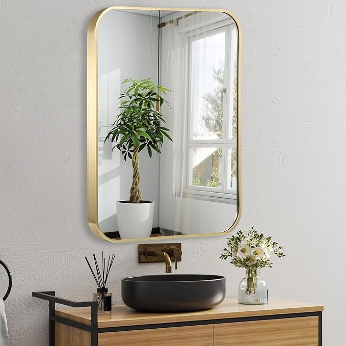 30x36 Inch Gold Bathroom Mirror, Brushed Gold Metal Framed Rectangular Mirror - Image 2