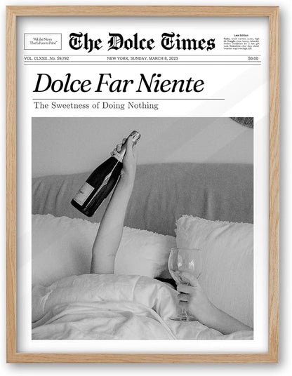 iHery Dolce Far Niente Framed Trendy NewsPaper Wall Art, Natural OAK Wood Large by iHery
