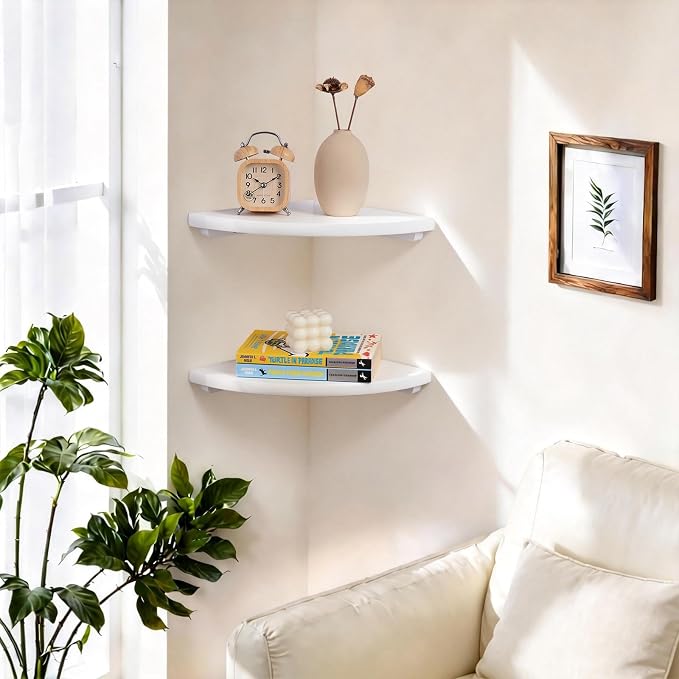 Gieanoo Floating Corner Shelves Set 2 7inch White Solid Oak Rounded Corner - Image 7
