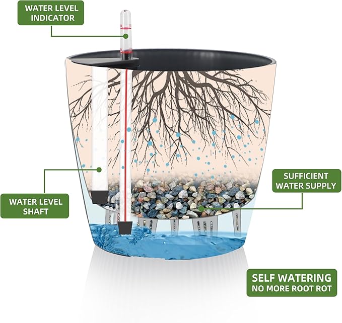 Dexceder 11x10 Self Watering Planters Indoor, Inner Mat Design, Table Flower Plant Pot with Water Level Indicator (2 Pack, Gray)
