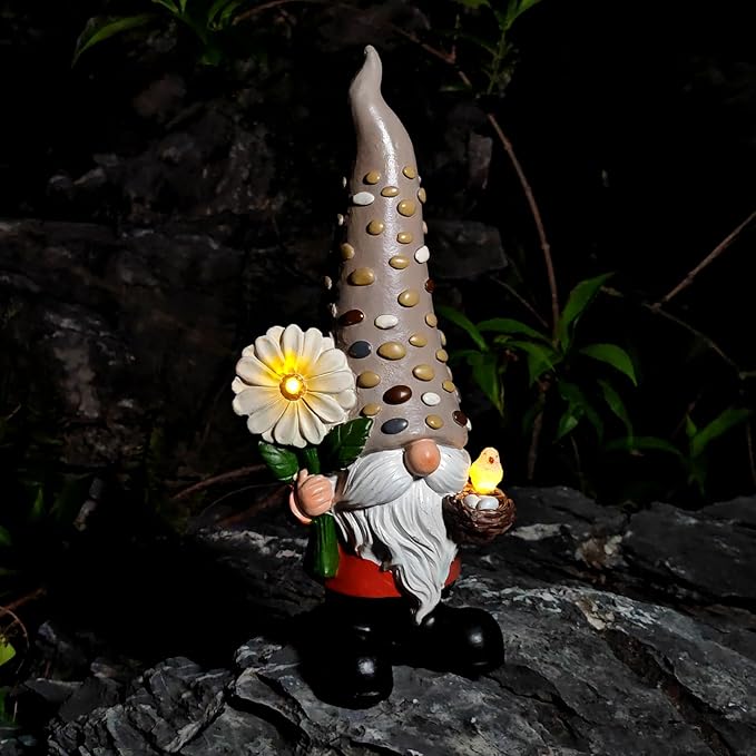12 Inch Solar Garden Gnome Statue Clearance with Sunflower and Bird's Nest Light – Outdoor High Hat Gnome Sculpture Outdoor Statue for Patio and Garden Decor – Figurine Gift for Gnome Lovers