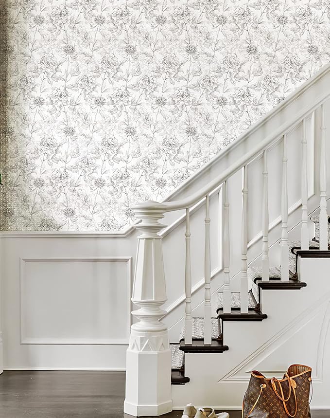 JiffDiff Black and White Floral Wallpaper Peonies Removable Peel and Stick - Image 5