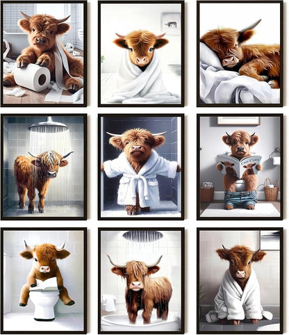 SEHSUVC Funny Bathroom Cow Posters Wall Art Set of 9, Vintage Brown Highland by Unknown