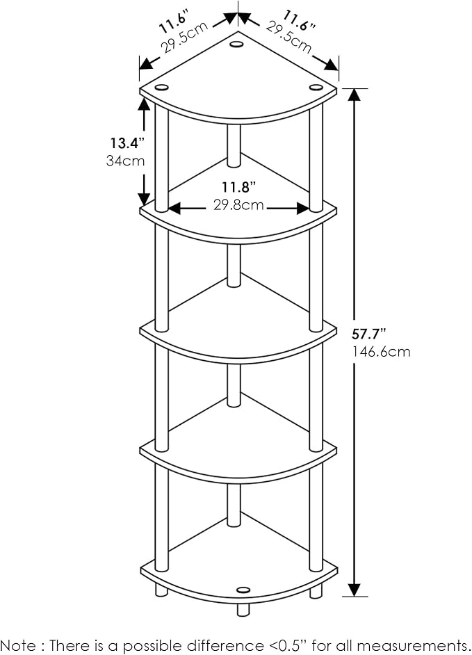 Furinno TURN-N-TUBE Corner Shelf Set of 2, 5-Tier Corner Bookshelf, Open - Image 6