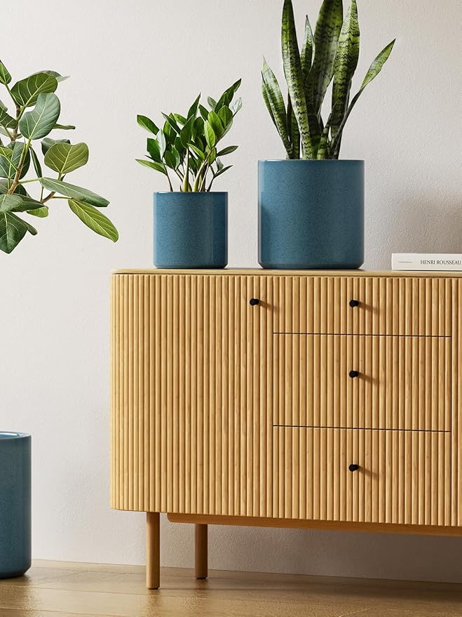 LE TAUCI Ceramic Plant Pots Indoor, 10+8+6 Inch Planters for Indoor Plants, Mid-Century Modern Flower Pots with Drainage Hole and Plug, Cylinder Round Planters, Set of 3, Reactive Glaze Blue