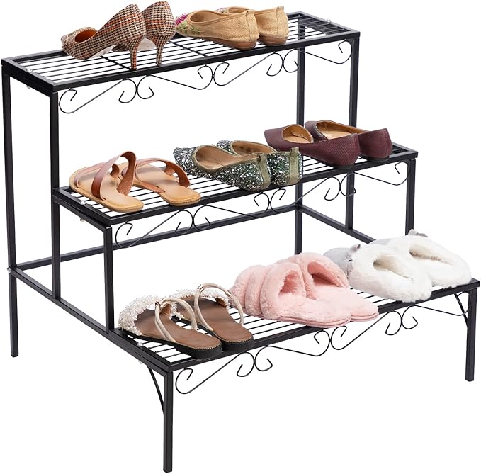 DOEWORKS 3 Tier Stair Style Metal Plant Stand, Garden Shelf for Large Flower Pot Display Rack Indoor Outdoor, Black