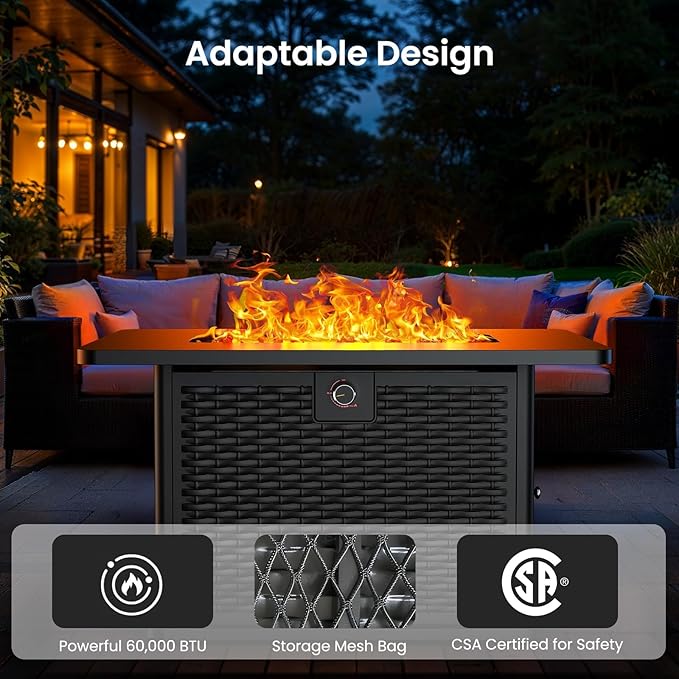 Ciays 43-Inch Rectangular Propane Fire Pit with 60,000 BTU Output, Gas with Cover and Rocks, Table CSA-Certified 2 in 1Table Gatherings Parties with 304 Stainless Steel H-Burner