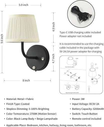 PUSU Motion Sensor Black H9.6 inch Small Wall Sconces Set of 2, LED Cordless - Image 5