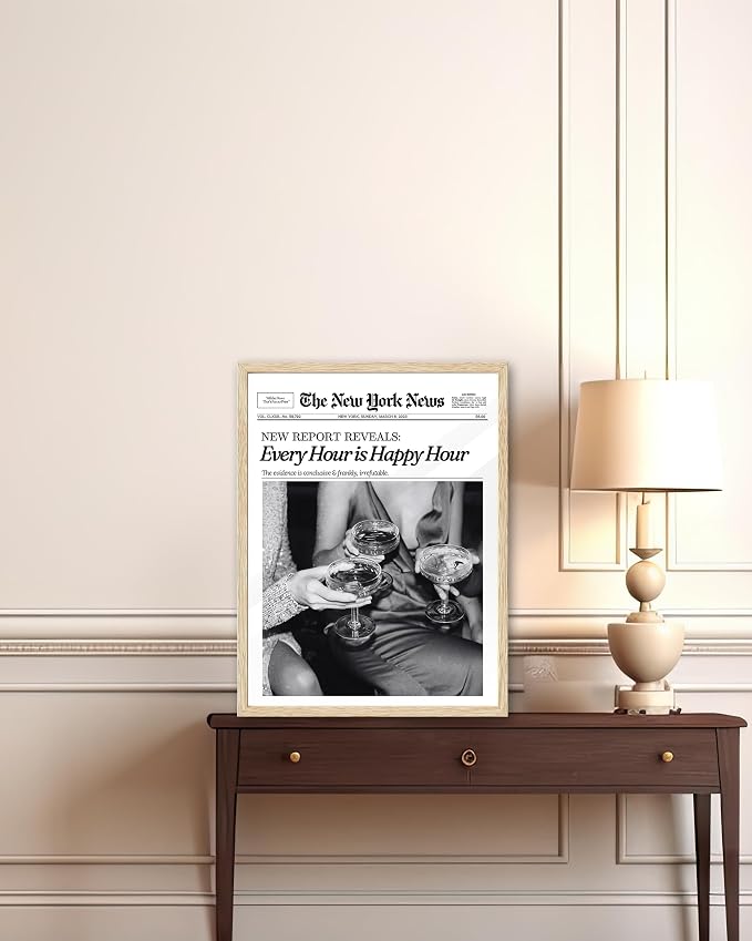 iHery Every Hour is Happy Hour Framed Trendy NewsPaper Wall Art, Natural OAK - Image 5