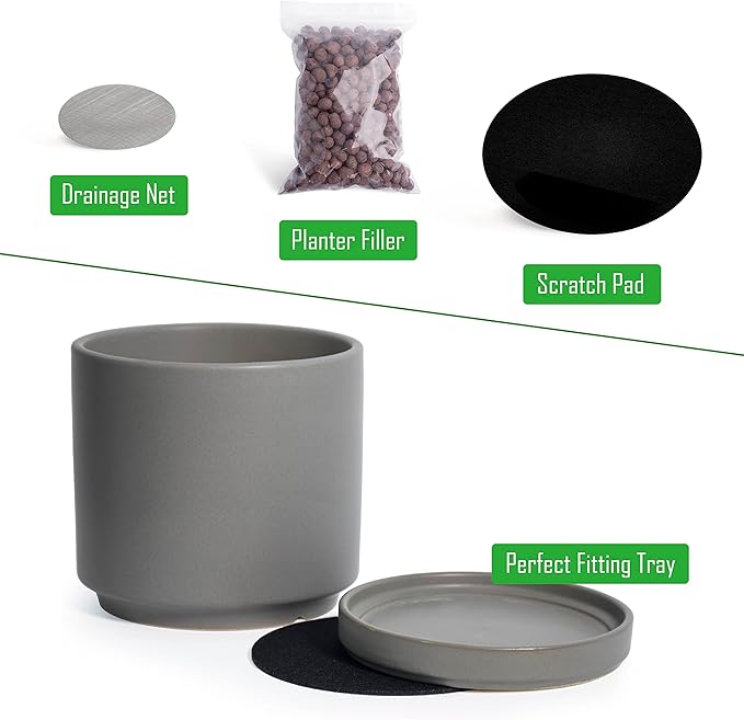 D'vine Dev Set of 2 Plants Pots, 4.6 Inch Ceramic Planter Pot for Plants with Drainage Hole and Saucer, Speckled Grey, 94-V-B-3