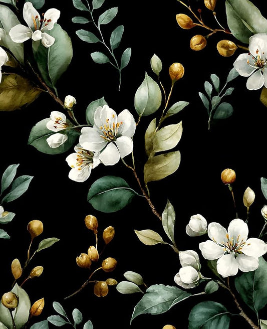 Black Floral Wallpaper Peel and Stick, Vintage Dark Green Leaves by VOLEAARWALLPAPER