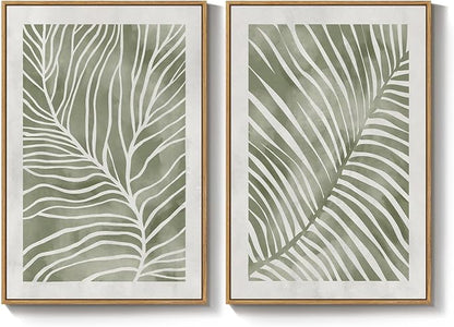 Framed Green Abstract Botanical Wall Art, 2 Piece Tropical Plant Canvas - Image 9