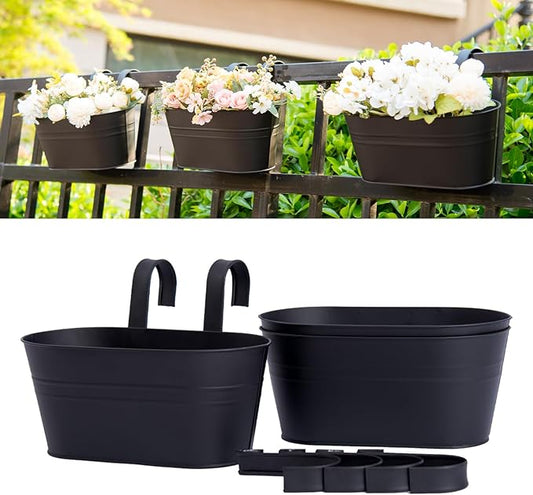 3 Pack Metal Hanging Flower Pots for Railing Fence，Outdoor Balcony Rail Planter with Detachable Hooks Drainage Holes for Deck Garden Home Decor Black